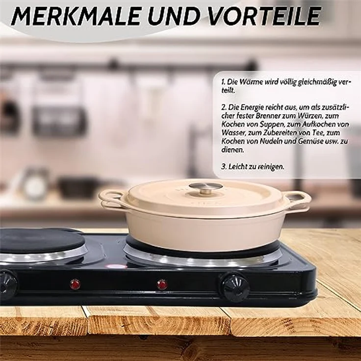 Melko Doppelkochplatte elektrisch Kochfeld ideal für Camping, Küche oder Büro, Herdplatte groß 18,5 cm und klein 15,5 cm einzeln regelbare 5 Heizstufen, 2500 Watt Leistung, Schwarz – Bild 4
