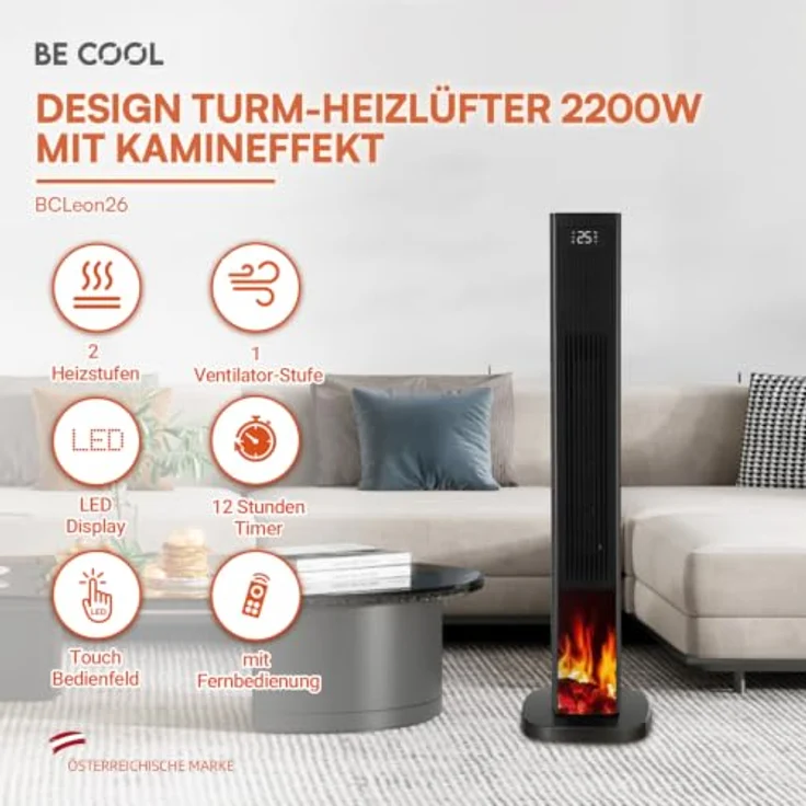 Be Cool BCLeon26 PTC-Säulen-Heizlüfter mit Kamineffekt, 2200 Watt, Schwarz, Oszillation und Fernbedienung – Bild 2
