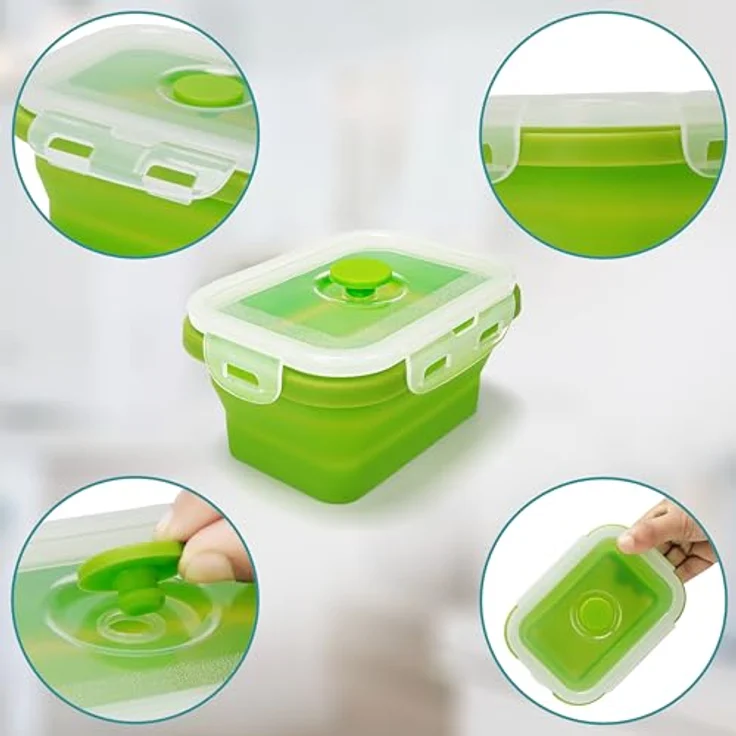 Kurtzy 6er Pack Faltbare Frischhaltedosen aus Silikon, 350 ml, luftdicht, BPA-frei, stapelbar, in grün und blau – Bild 4