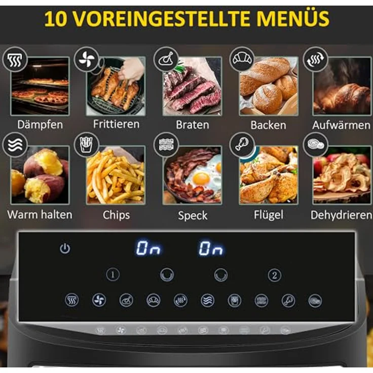 HOMCOM Heißluftfritteuse 8L Fritteuse mit Doppelkammer, Airfryer mit 10 Programmen, 2400 W Luftfritteuse mit Touchscreen, Rezeptur, ohne Öl, Schwarz – Bild 4
