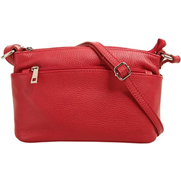 Cluty Umhängetasche, echt Leder, Made in Italy, Schwarz, 15 cm x 27 cm x 6 cm, 4 Reißverschlussfächer, verstellbarer Schultergurt