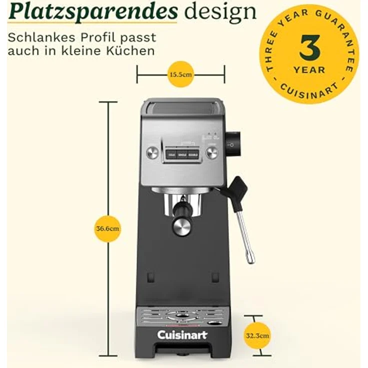 Cuisinart Espresso Machine Slim, Siebträgermaschine mit 15 Bar Pumpendruck und Dampfdüse, Schwarz und Silber – Bild 10
