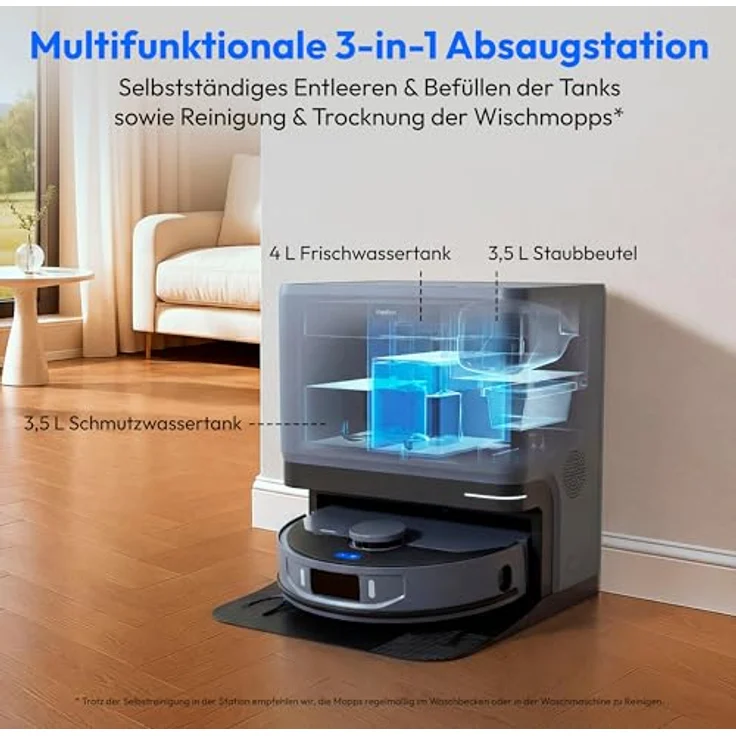 MEDION Saugroboter X55 SW+ Pro, 3-in-1 mit Absaugstation, 10000Pa Saugkraft, Lasernavigation und Wischfunktion – Bild 2