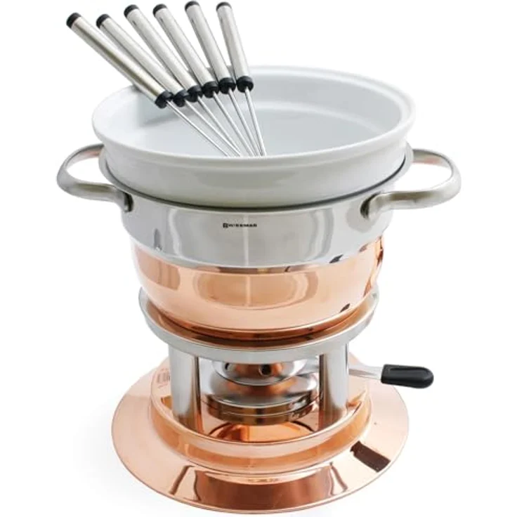 Swissmar F66415 Lausanne Fondue Set 11-teiliges, Kupfer/Edelstahl, 1.8L, Fondue-Set für Fleisch, Käse und Schokolade, für 6 Personen, Geschenkset – Bild 3