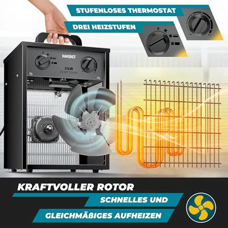 MASKO® Elektroheizer Heizlüfter 3 kW, elektrisch mit integriertem Thermostat, 3 Heizstufen, Überlastschutz, für Innen- & Außeneinsatz, anthrazit – Bild 4