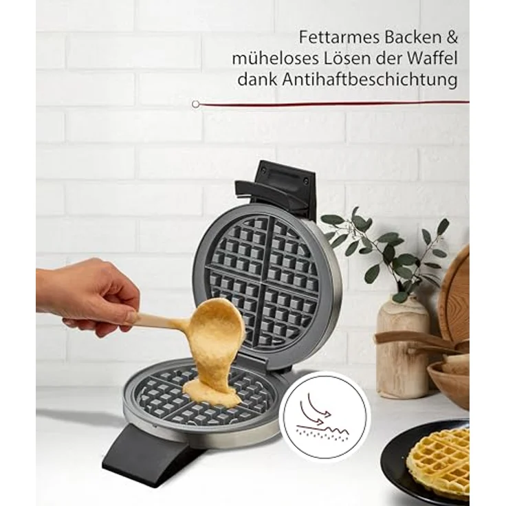 Cloer 1699 Amerikanisches Waffeleisen, runde Waffel 15,5 cm Durchmesser, Antihaftbeschichtung, fest eingestellter Bräunungsgrad, Edelstahl, 930 W – Bild 3