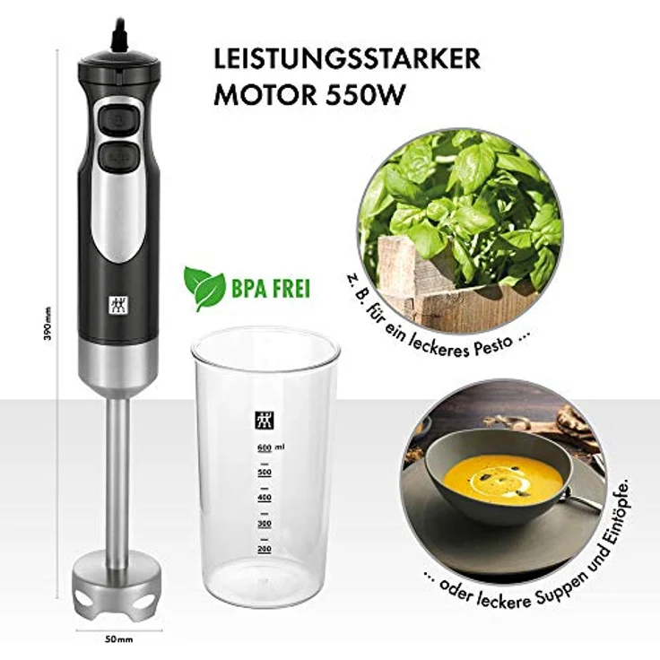 Zwilling 36420-011-0 Stabmixer, Inkl. 600 Messbecher, 550 Watt, 18-8 Stainless Steel, edelstahl-schwarz – Bild 2