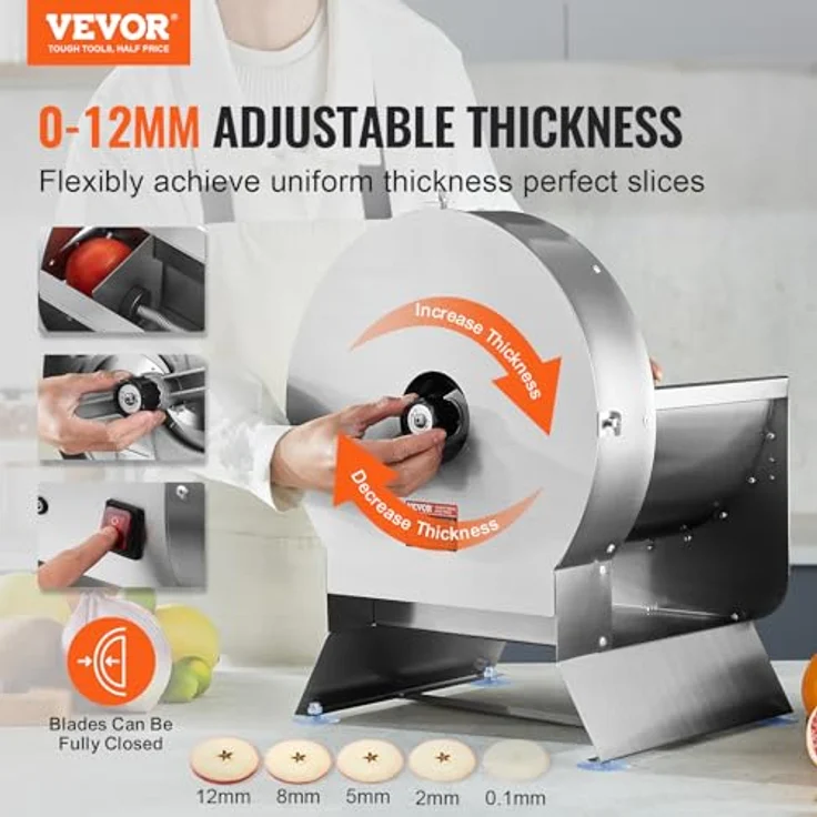 VEVOR Elektrischer Gemüsehobel, 0–12 mm Einstellung, Edelstahl Schneidemaschine mit großer Einfüllöffnung für Kartoffeln und Tomaten – Bild 2