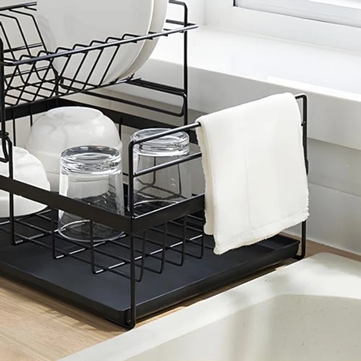 Retoo Abtropfgestell Einlagige Geschirr Abtropfständer, Geschirrabtropfer Drip mit Zwei Fächern, Tropfschale, Geschirrabtropfgestell, Abnehmbarem Besteckhalte, Besteckständer, 43×32,5×24cm Schwarz – Bild 3