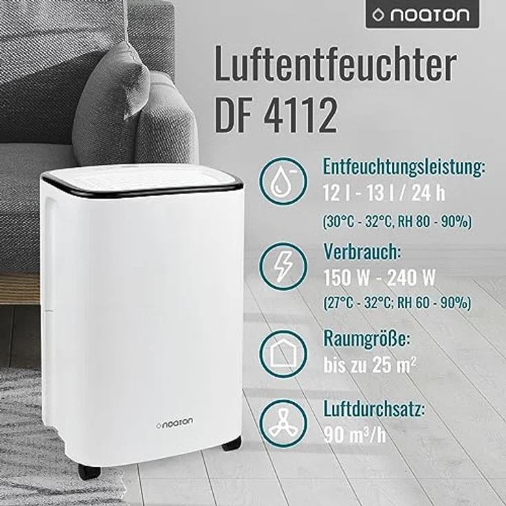 Noaton Luftentfeuchter DF 4112, max 13L/24h, 65 m³ Raumgröße, Feuchtigkeitssensor - Gegen Feuchtigkeit, Schimmel – Bild 2