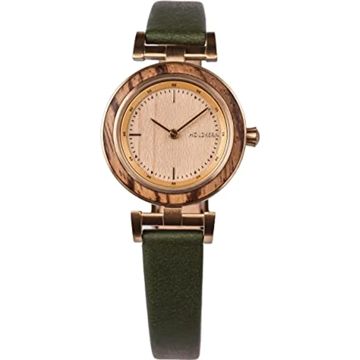 HOLZKERN Damenuhr Quarz Laura Zebrano/Eiche, elegante Armbanduhr mit goldbeschichtetem Edelstahl und grünem Lederband, spritzwassergeschützt