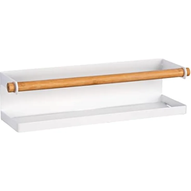 WENKO Gewürzregal Magna, magnetisches Regal aus Metall mit Bambus-Detail zum Aufbewahren und Präsentieren von Gewürzgefäßen, Anbringung ohne Bohren mit Magnet oder Klebeband, 32 x 8 x 8 cm, Weiß