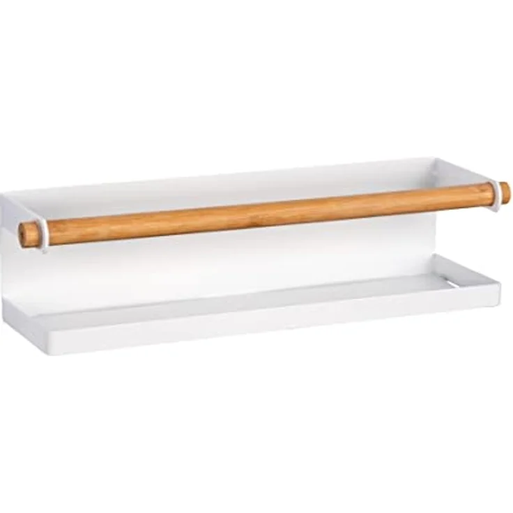 WENKO Gewürzregal Magna, magnetisches Regal aus Metall mit Bambus-Detail zum Aufbewahren und Präsentieren von Gewürzgefäßen, Anbringung ohne Bohren mit Magnet oder Klebeband, 32 x 8 x 8 cm, Weiß – Bild 1