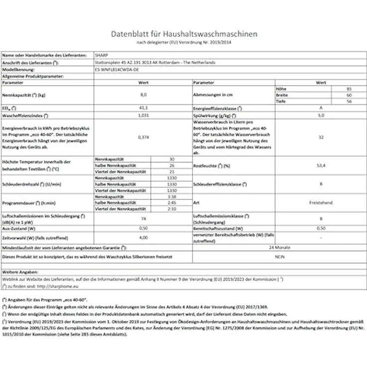 Sharp ES-WNFL814CWDA-DE Waschmaschine, 8 kg, Energieeffizienzklasse A, Invertermotor, AquaStop, Antifleckensystem, Dampffunktion – Bild 12