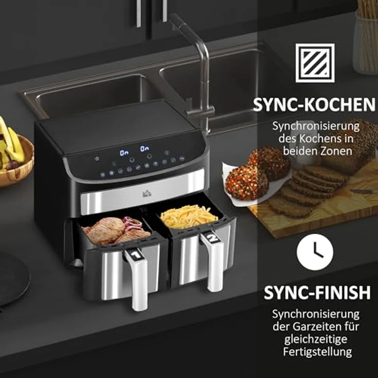 HOMCOM Heißluftfritteuse 8L Fritteuse mit Doppelkammer, Airfryer mit 10 Programmen, 2400 W Luftfritteuse mit Touchscreen, Rezeptur, ohne Öl, Schwarz – Bild 5