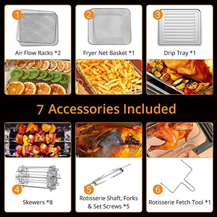 18L Heißluftfritteuse XXL, 1800W Heißluftbackofen - Airfryer - Friteuse Ohne ÖL - Heissluftfriteuse mit 7 Zubehör, LED Digitalem Touchscreen, Visualisiertes Fenster - Acekool air fryers FT1 – Bild 5