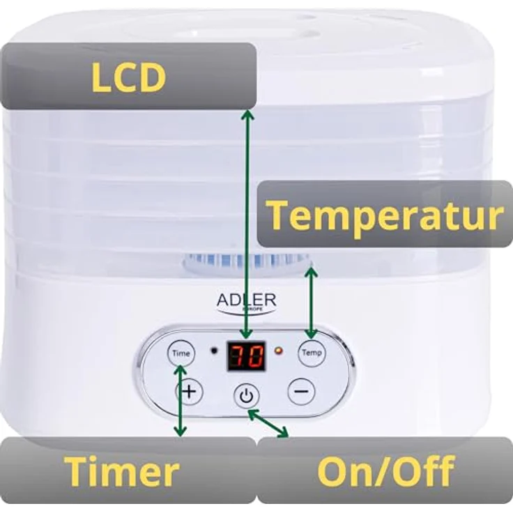 Adler AD 6658 Dörrautomat, 230 W, 5 Einlagen, Timer, LCD-Display, Kunststoff, weiß – Bild 4