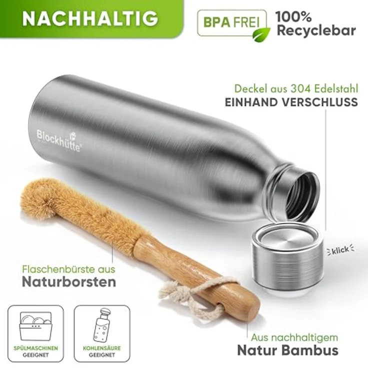 Blockhütte Edelstahl Wasserflasche 500ml, isolierte Thermosflasche, auslaufsicher, spülmaschinenfest, BPA-frei, ideal für Sport und Wandern – Bild 3