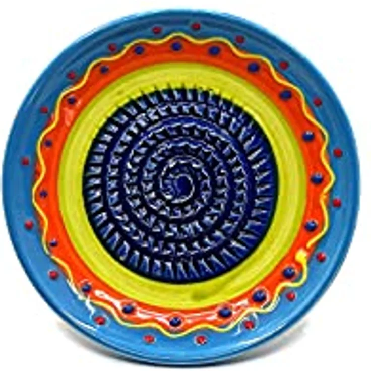 Kaladia - Keramik Reibeteller/Keramikhobel - ideal für Ingwer, Parmesan etc. - Motiv: Blau/Orange/Grün - Durchmesser: 12 cm - handgemacht & handbemalt - Made in Spain