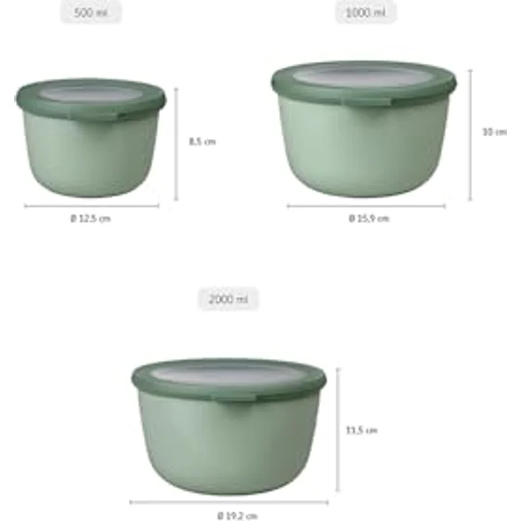 Mepal - Cirqula Multischüssel-Set 3–teilig rund Nordic sage – 500, 1000 und 2000 ml – Verwendbar als Vorratdose, Kühlschrankdose, Gefrierdose, Mikrowellegeschirr & Servierschale mit Deckel – Bild 4
