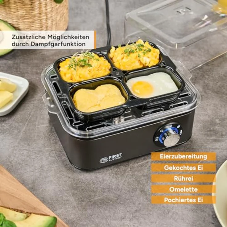 TZS First Austria Eierkocher Grau, 8 Eier Kapazität, 4 Kochstufen mit Dampfgarfunktion, automatische Abschaltung, Trockenkochschutz, inkl. Messbecher & Pochierschale – Bild 5