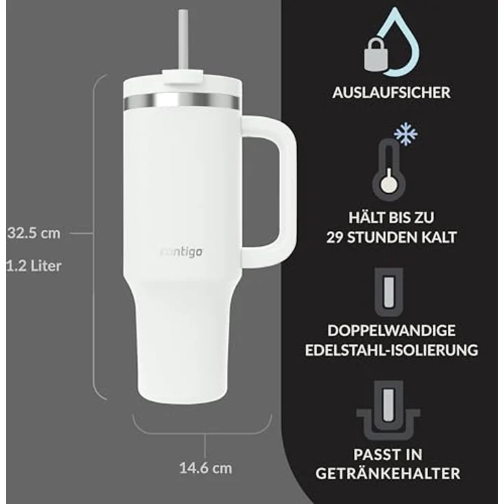 Contigo Streeterville Thermosflasche 1200 ml, isolierte Edelstahl-Trinkflasche mit Henkel und Strohhalm, kühlt 29 Stunden, BPA-frei, spülmaschinenfest – Bild 2