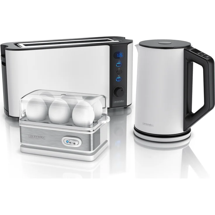 Arendo Frühstücks-Set in weiß - Wasserkocher / Toaster / Eierkocher - Arendo Vorteilsset mit Langschlitztoaster, Wasserkocher Elegant und Eierkocher Sixcook