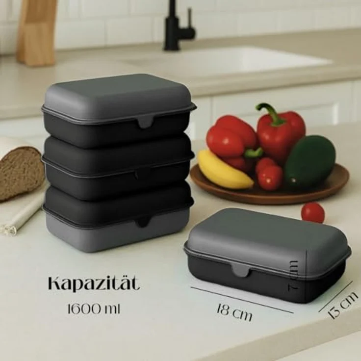 COFI Brotdosen 3er-Set, Lunchbox/Frühstücksbox, BPA-frei, spülmaschinenfest, stapelbar, 1600 ml, Schwarz-Grau – Bild 2