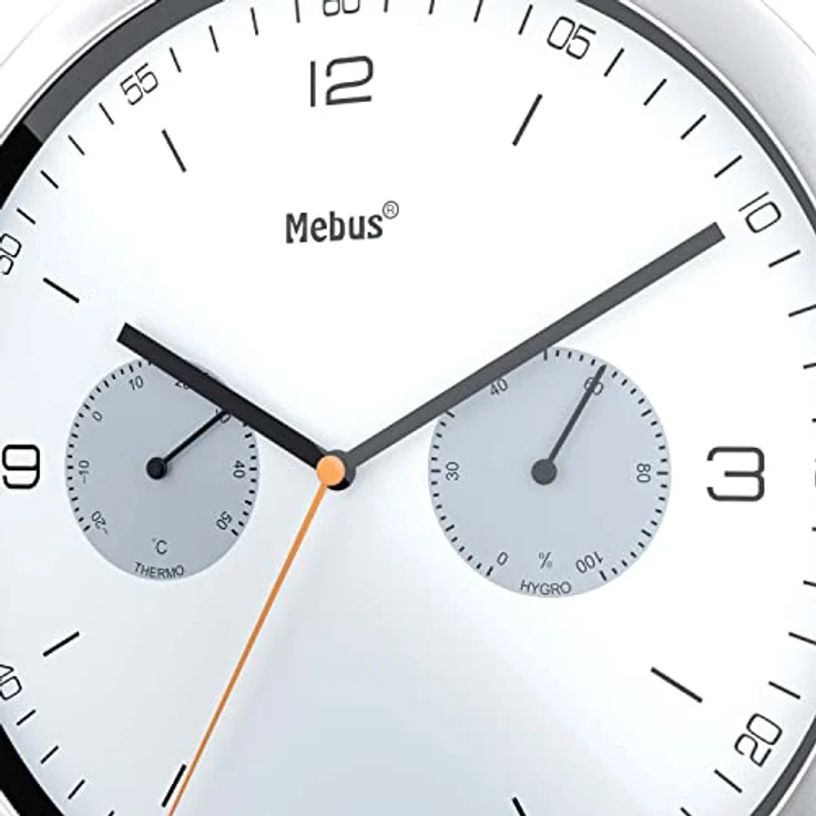 Mebus Quarz-Wanduhr mit Thermometer und Hygrometer / Kunststoff / Rund / Modell: 16102 / Farbe: Silber, 26 cm Durchmesser – Bild 2