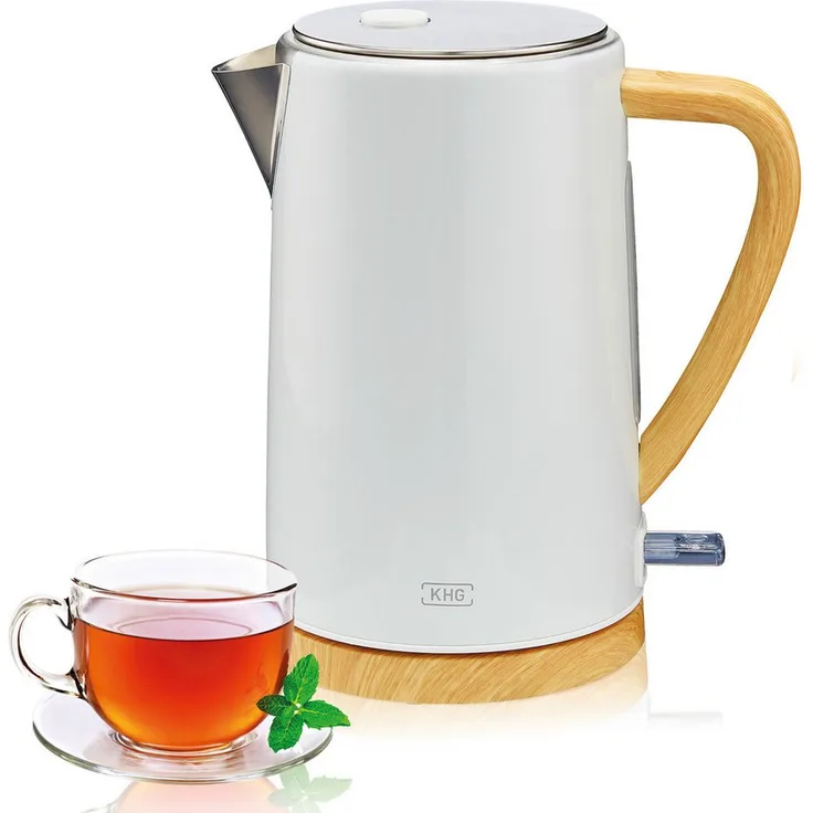 KHG Wasserkocher WK-1716 WWD, Edelstahlwasserkocher mit Holzakzenten, 1,7 Liter, weiß