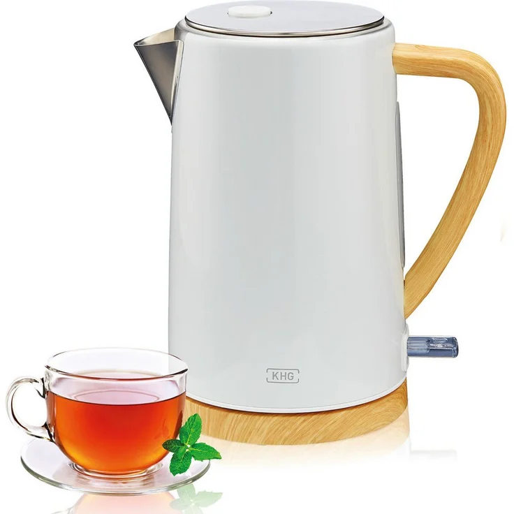 KHG Wasserkocher WK-1716 WWD, Edelstahlwasserkocher mit Holzakzenten, 1,7 Liter, weiß