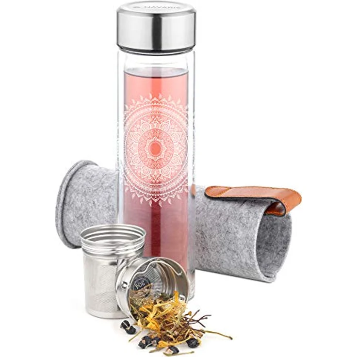 Navaris Teeflasche aus Glas mit Edelstahl Sieb - 500ml Tee Flasche Teekanne to go - Trinkflasche doppelwandig aus Borosilikatglas - mit Filz Hülle – Bild 1