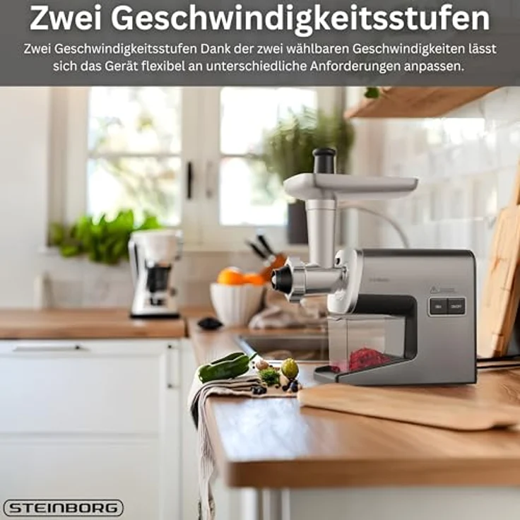 STEINBORG Fleischwolf SB-7080, elektrischer Fleischwolf mit 2000W Leistung, Edelstahl-Komponenten, 2 Geschwindigkeitsstufen, Zubehör inklusive Wurst- und Kebbe-Aufsatz – Bild 3