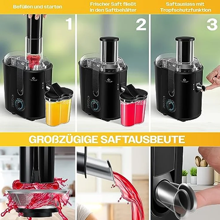 KESSER Entsafter für Obst und Gemüse, aus Edelstahl, 1100W, große 85 mm Einfüllöffnung, inkl. Reinigungsbürste und Saftbehälter, 3 Geschwindigkeitsstufen, Saftpresse Juicer, schwarz – Bild 3