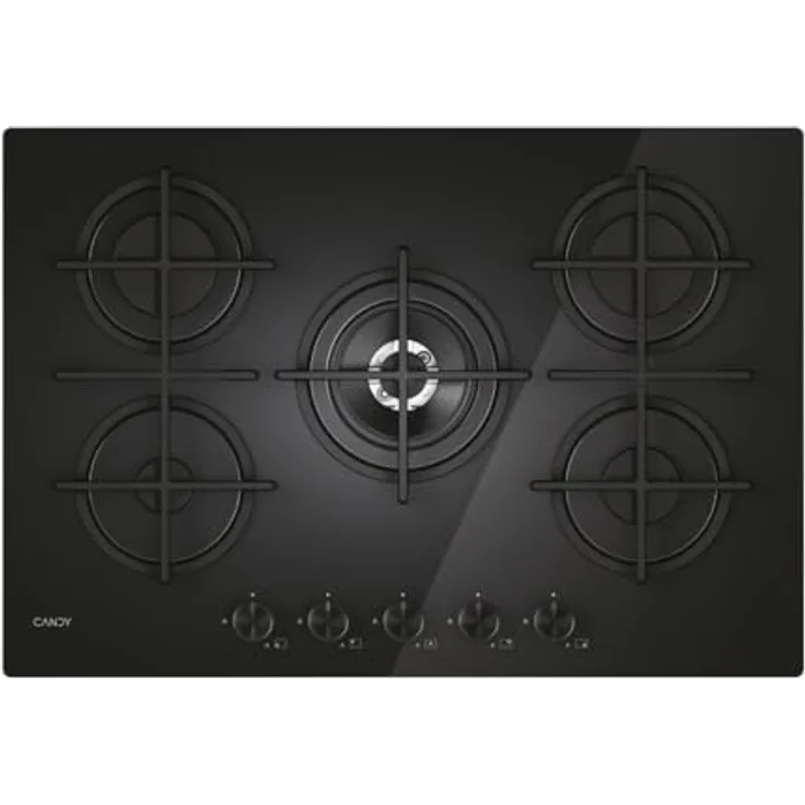 Candy Moderna Gas On Glass Gaskochfeld mit 5 Brennern, gehärtetes Glas, doppelter Kronenbrenner, spülmaschinenfeste Grillroste, Schwarz - CVG74WTB