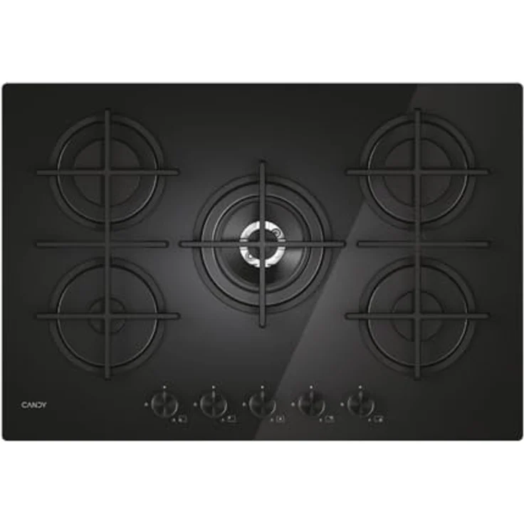 Candy Moderna Gas On Glass Gaskochfeld mit 5 Brennern, gehärtetes Glas, doppelter Kronenbrenner, spülmaschinenfeste Grillroste, Schwarz - CVG74WTB – Bild 1