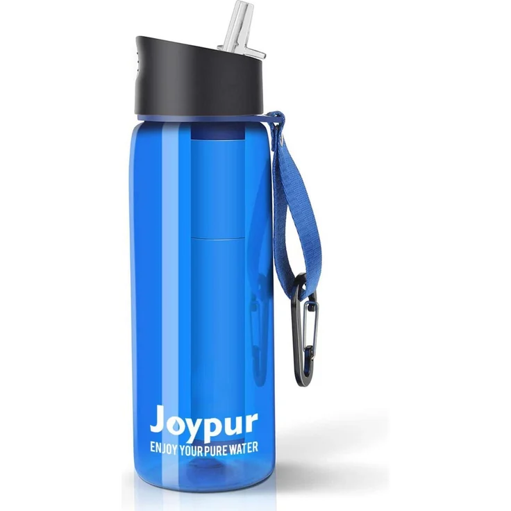 joypur Wasserfilter Flasche 650mL Blau | 5-Stufen Filtration 0,01 µm, integrierter Kompass, BPA-frei, 1500 L Filterkapazität