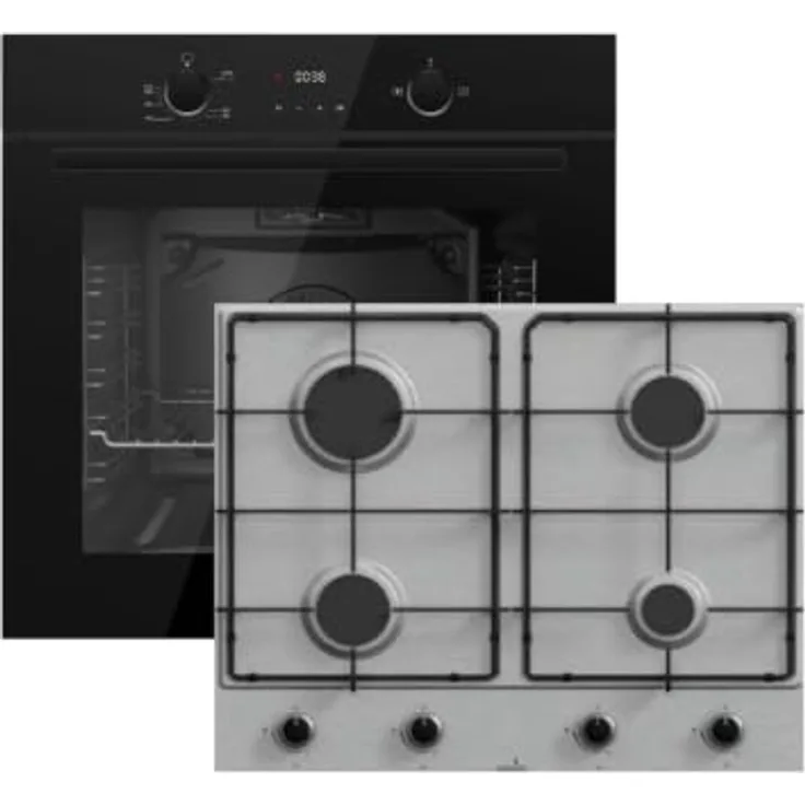Gasline Gasherdset GB850-FIB + GAG60INX, 69 Liter Gas-Einbaubackofen mit Umluft und 60 cm Edelstahl-Gaskochfeld, 4 Sabaf-Brenner, Erdgas/Propangas