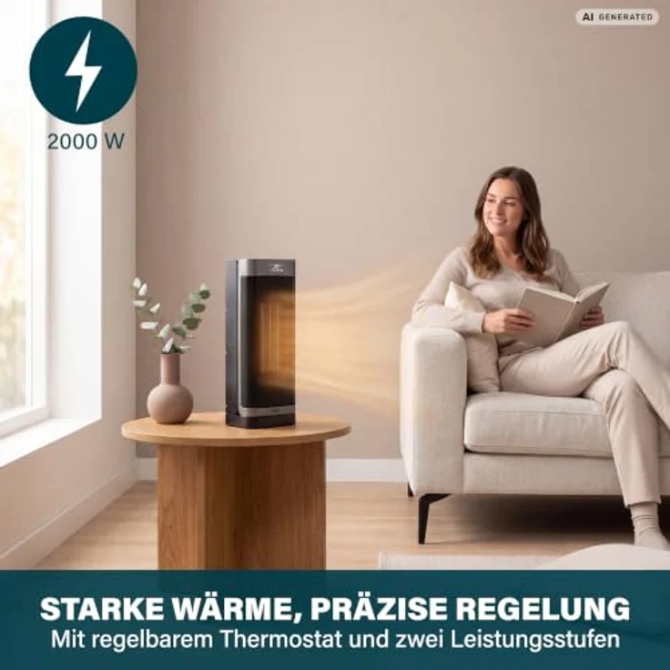 Princess Keramikheizlüfter 2000 W, oszillierend mit 24 h Timer und Fernbedienung, kompakt und mobil – Bild 2
