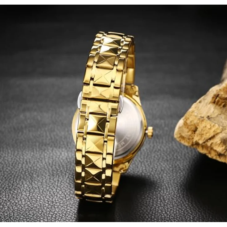 JewelryWe Herrenuhr Gold Edelstahlarmband, 30m wasserdicht, Kalender, Analog Quarz mit römischen Ziffern und leuchtenden Zeigern – Bild 5