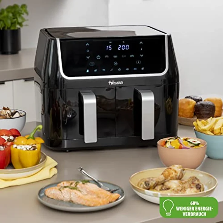 Tristar Heißluftfritteuse mit Doppelkammer FR-6970 – 60% weniger Energieverbrauch – 2 x 4,5L Fassungsvermögen – 1800 W – separate Temperaturen für 2 Kammern – 8 Programme – Schwarz – Bild 2