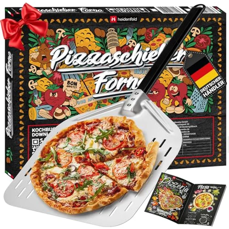 Heidenfeld Premium Pizzaschieber Forno | Pizzaschaufel perforiert, groß (31.0 x 30.0 cm), ergonomischer Griff, Pizzapfanne (Forno 12 Zoll) - Harteloxiertes Aluminium & Edelstahl, Lebensmittelecht & Geschmacksneutral, für Backofen & Grill - Silber – Bild 1
