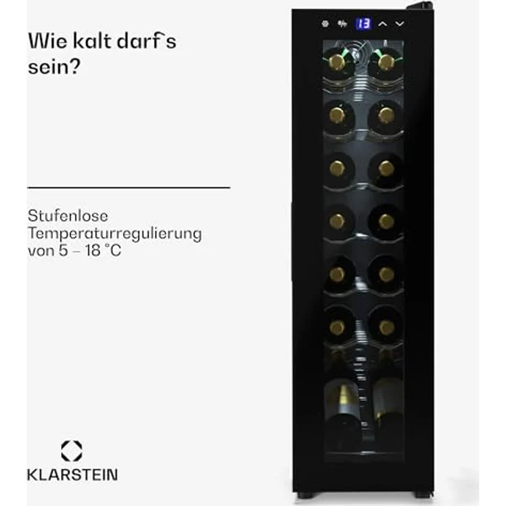 Klarstein Shiraz 14 Slim Uno, Weinkühlschrank für 14 Flaschen, 5 - 18 °C, Touch-Control, kompakt, verchromte Regale – Bild 2