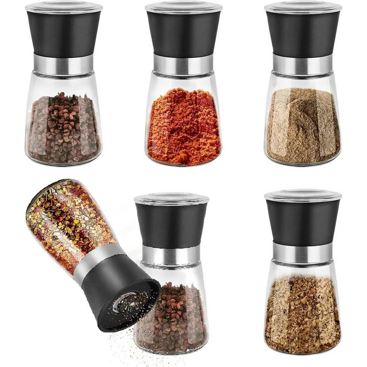 Youyijia Pfeffermühle 6er Set, manuelle Gewürzmühle aus Edelstahl und Glas, hochwertiges Keramikmahlwerk, schwarz