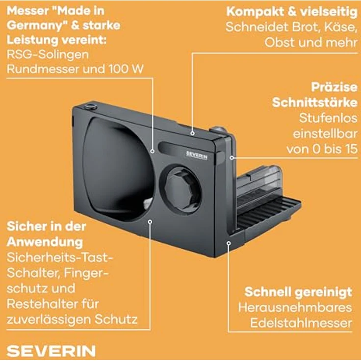 SEVERIN Kompakt Allesschneider AS 9595, DC Motor mit variablem Schnittstärken von 0-15 mm, platzsparendes Design – Bild 3