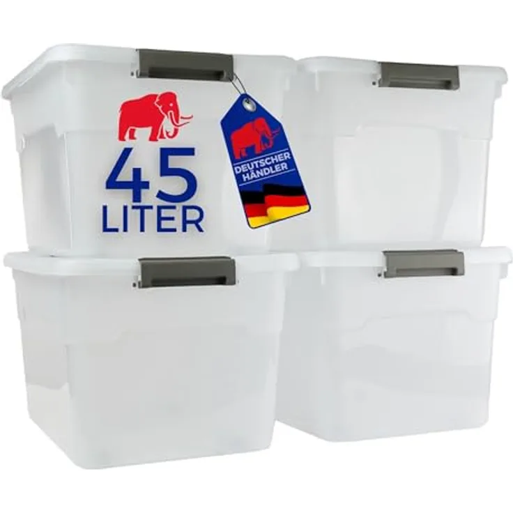 PROREGAL Aufbewahrungsbox mit Deckel 45L, 4er Set, transparent, stapelbar, mit Rollen und Verschlussclips für Küche, Haushalt und Keller