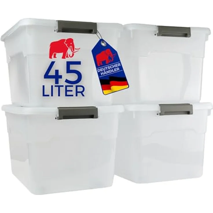 PROREGAL Aufbewahrungsbox mit Deckel 45L, 4er Set, transparent, stapelbar, mit Rollen und Verschlussclips für Küche, Haushalt und Keller – Bild 1