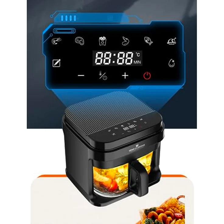 KeMar Kitchenware KHF-550 Heißluftfritteuse, 1200 W, 5,5 L Borosilikatglasbehälter, Edelstahl-Einsatz, Touch Display, 7 Programme, ohne Beschichtung – Bild 8