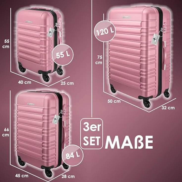 KESSER® 3tlg. Hartschalenkofferset Hartschalenkoffer Reisekoffer Set Reisekofferset Trolley Koffer M-L-XL, ABS-Hartschale, 360°-Rollen, Nummern-Schloss, Schwarz – Bild 2