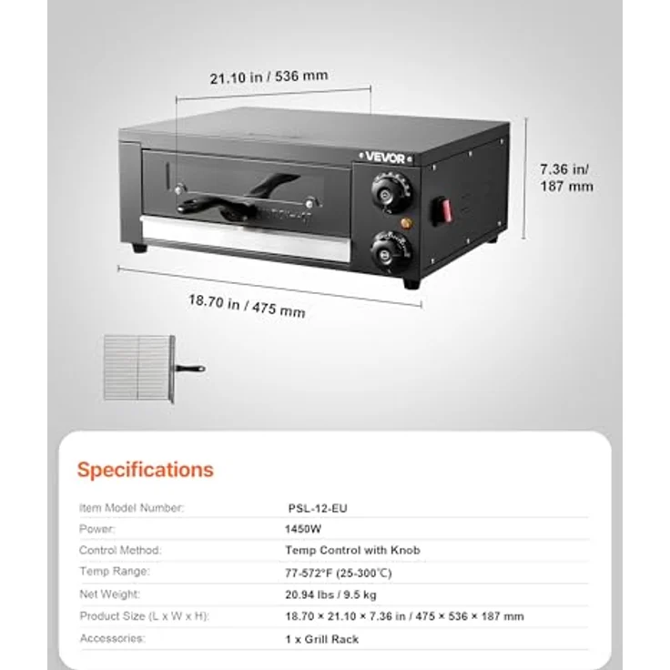 VEVOR elektrischer Pizzaofen PSL-12-EU, 30 cm Tischpizzaofen mit Temperaturregelung 25-300 °C, 1450 W, zwei Heizrohren und Grillrost für Küche und Gastronomie – Bild 7